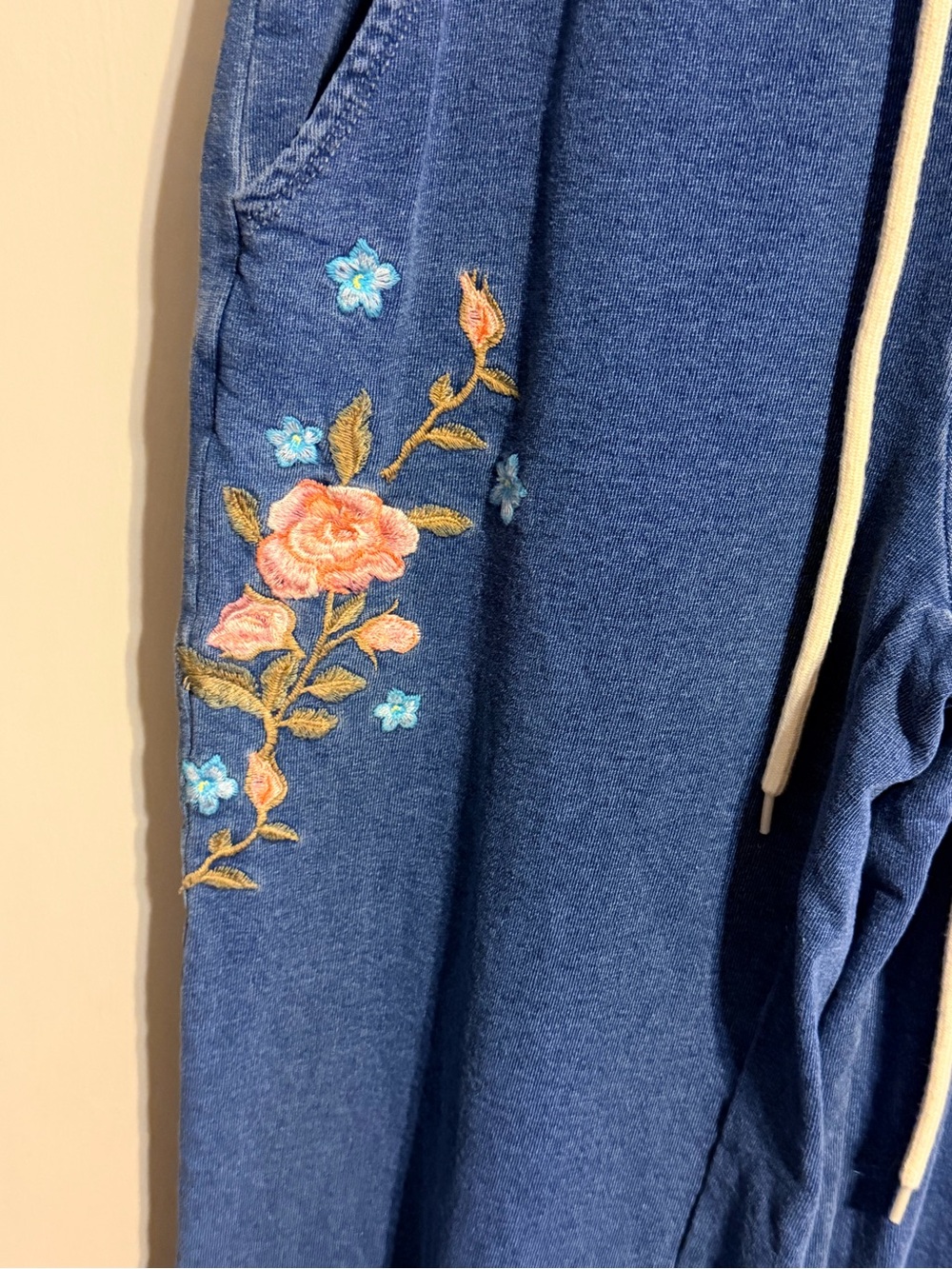 Driftwood XSP Floral Embroidered Blue Cotton Jogger Pants Boho Cottagecore - Picture 4 of 10